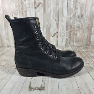 Frye Veronica Combat Boots Black Leather Lace Up Side Zip 76208 Womens Size 7 B